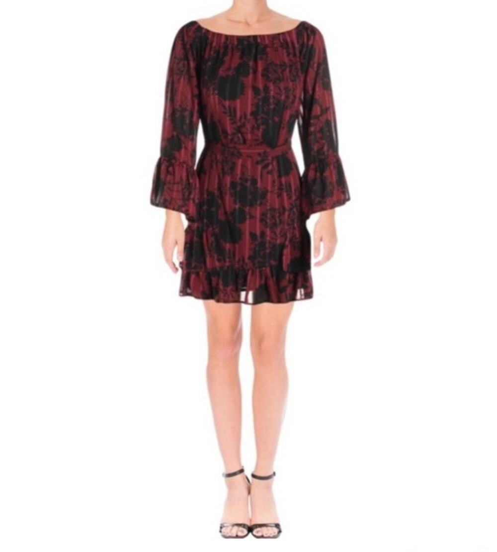Aqua Burgundy Dark Floral Dress Ruffle Bell Sleeve Medium Whimsigoth Romantic